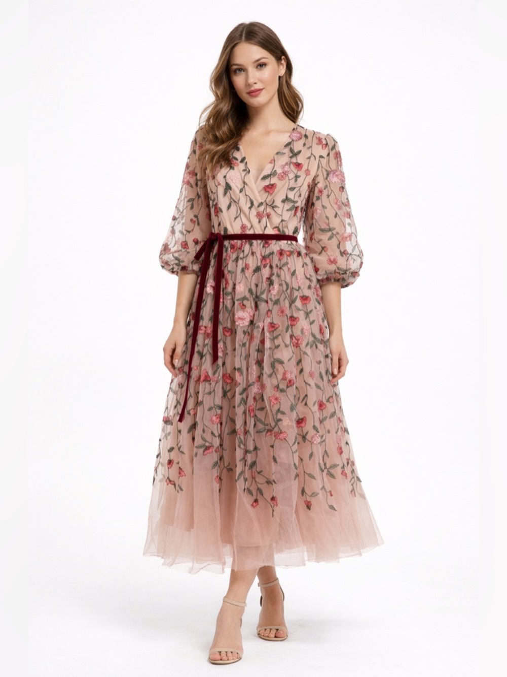 Jessakae Floral Embroidered Tulle Sheer Dress Puff Sleeve Cottagecore Romantic